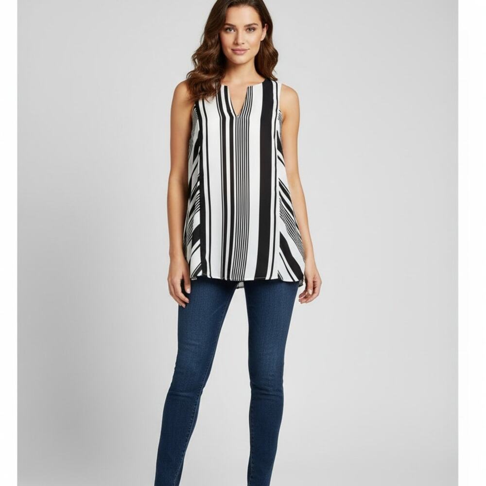 Pixley Dunn Split Neck Striped Blouse Sleeveless Flowy Tank Top Lined Large NWT